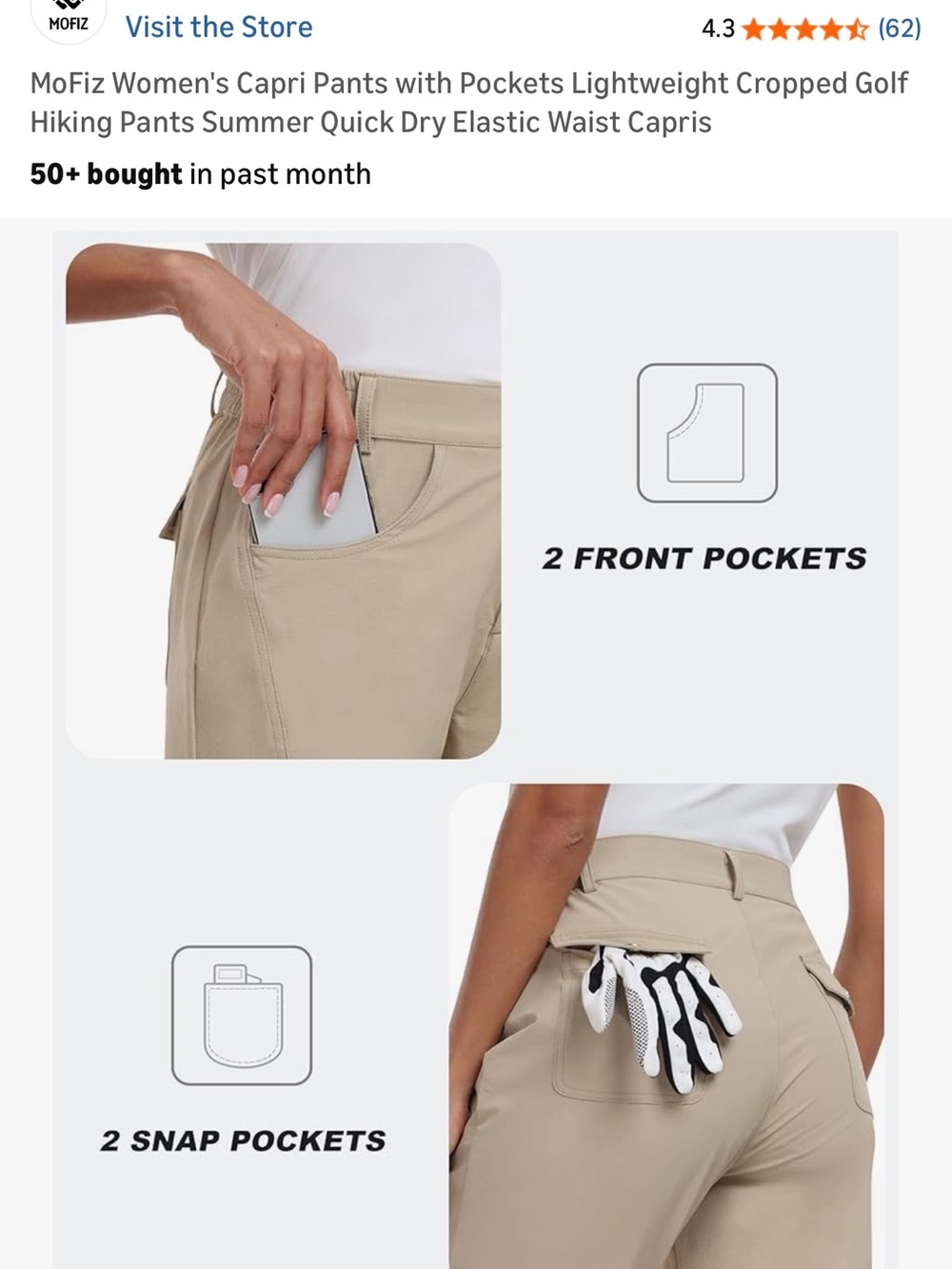 Beige Cropped Golf/Hiking Capri Pants - Picture 4 of 6